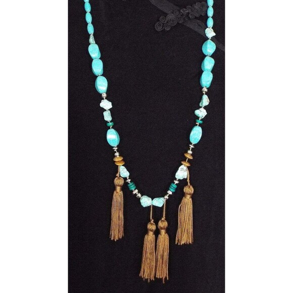 Chico's Faux Turquoise Beads Gold Fabric Tassels Leather Cords Long 38" Necklac - Picture 2 of 5